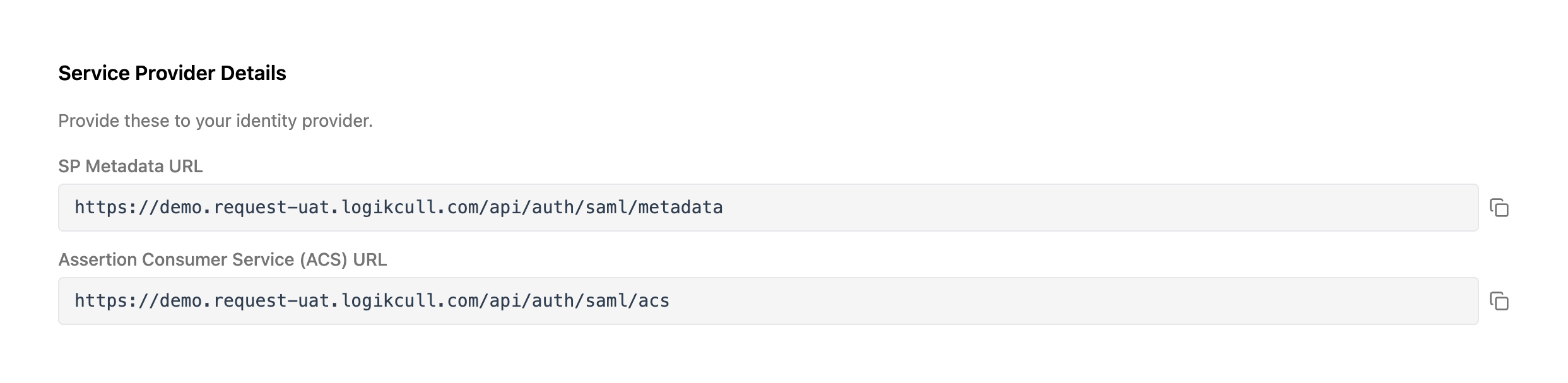 Service provider details including SP Metadata and ACS URLs for identity provider.